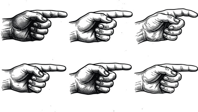 Vintage engraved pointing hand vector set with index finger indicating direction in monochrome woodcut sketch style