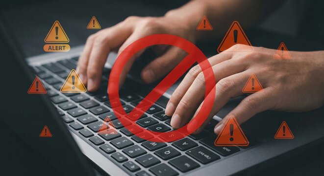 Hands typing on laptop with red warning signs and symbols