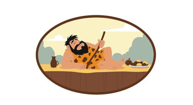 Caveman Relaxing with Food and Drink, Prehistoric Lifestyle