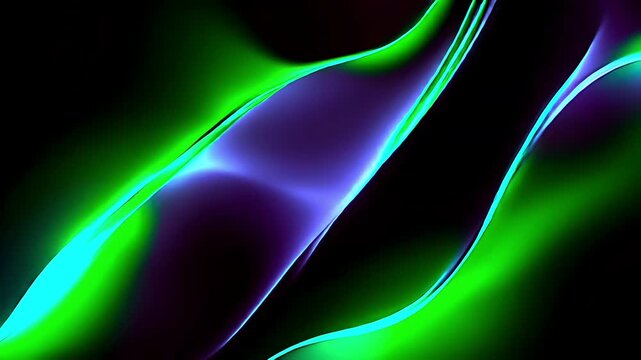 Abstract background with glowing green and purple light waves on a black backdrop.