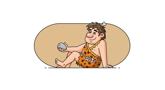 Caveman Relaxing with Stone, Prehistoric Man Lifestyle, Ancient Human Character