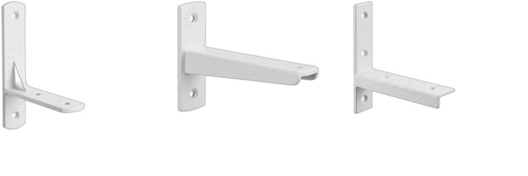 Set of Three White Metal Wall Shelving Brackets Isolated on White Background, Durable L-Shaped Support Hardware for Home Improvement, DIY Furniture Assembly and Storage Wall Mounting Solutions