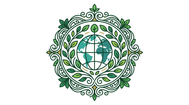 Elegant circular ecological emblem featuring a green globe surrounded by detailed leaf wreaths and ornate scrollwork on a white background