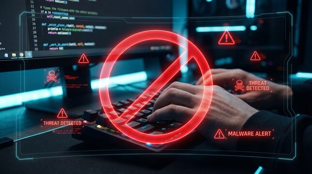 Programmer typing code with cyber security warning sign