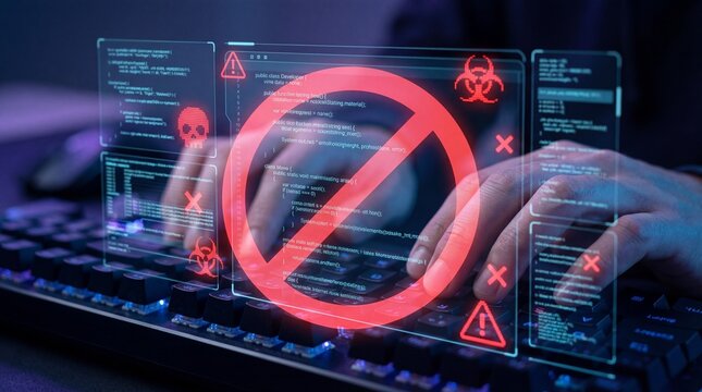 Person typing on keyboard with red digital warning sign