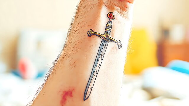 Photorealistic Close Up of Colorful Medieval Sword Tattoo on Man Forearm