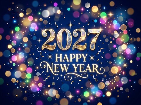 Festive 2027 happy new year greeting background with glowing golden numbers and colorful bokeh blurred lights.