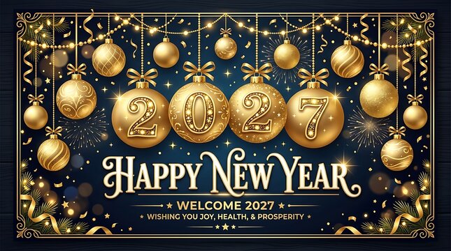 Happy new year 2027 greeting with golden ornaments and fireworks on dark blue background.