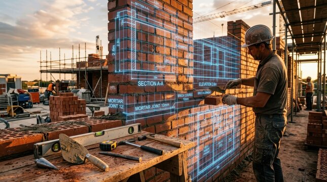 Construction worker installing brick wall with digital blueprint projection construction blueprint projection hologram technology innovation engineering industrial building precision