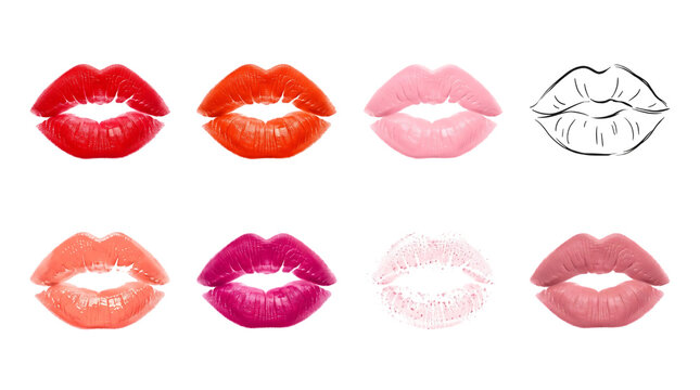 Set of different lipstick kiss marks isolated on transparent background, collection of realistic lip prints in various colors and a sketch drawing
