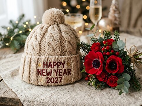 Winter knit hat with 2027 happy new year greeting and floral arrangement.