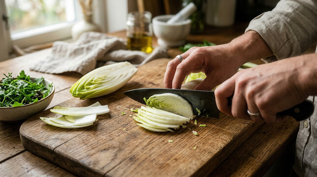 Preparing Fresh Endive And Greens For A Healthy Meal Preparation