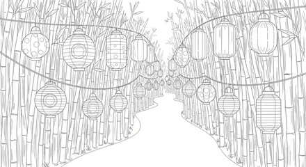 Obraz premium Bamboo Forest Path with Hanging Paper Lanterns Line Art