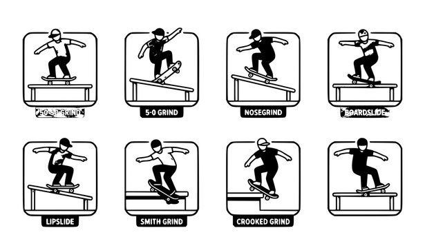 Urban Skateboarding Grind Trick Icon Set Featuring 50-50, Nosegrind, Smith and Boardslide Stunts in Flat Vector Style