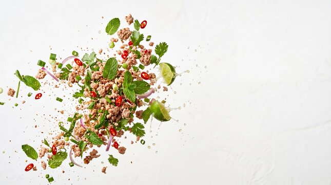 dynamic larb salad explosion with minced meat fresh herbs chili and lime juice suspended midair over clean background with copy space for food and culinary themes
