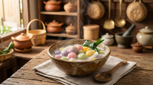 Traditional Thai colorful rice balls dessert Bua Loy in coconut milk with steam in vintage kitchen