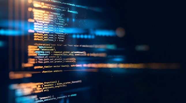 Digital code on computer screen abstract background with glowing effect and bright light, technology concept.