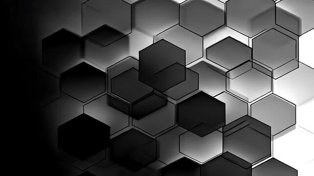 Abstract background with overlapping hexagonal shapes in shades of grey and black.