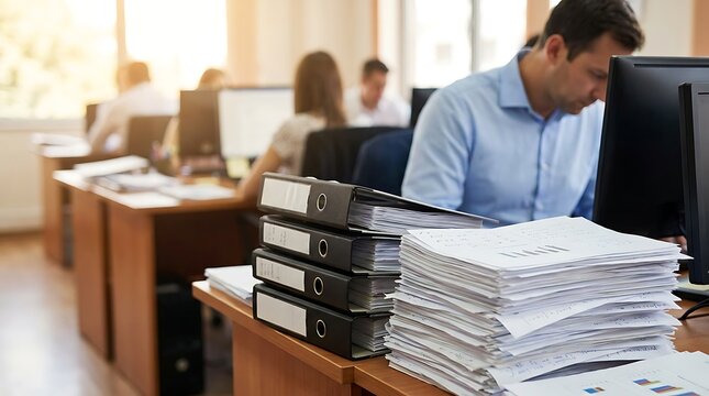 Diligent male accountant working at office desk with stack of binders and documents while sitting in front of computer monitor during business day in corporate work environment.