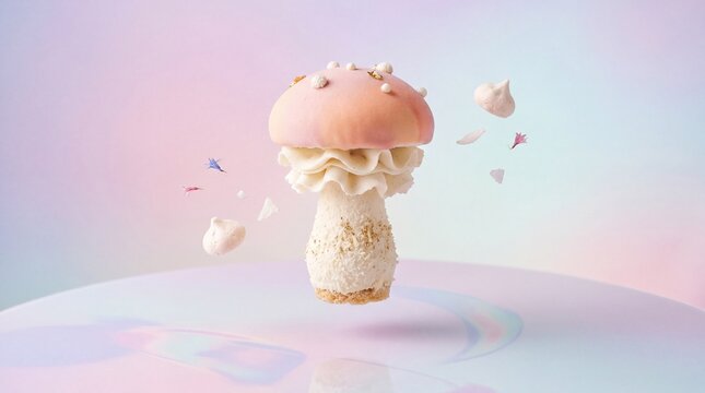 Floating mushroom dessert with soft textures and a surreal minimal aesthetic on a pastel background. 