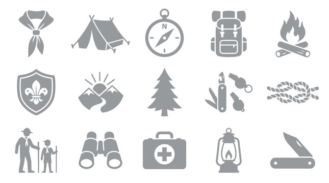 Collection of scouting and outdoor adventure icons, including tent, compass, backpack, campfire, and first aid kit.