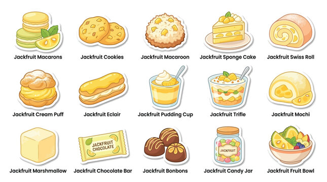 A vibrant collection of delicious jackfruit-flavored desserts and sweets, showcasing a variety of pastries, cookies, and confections.