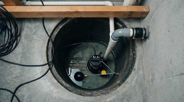 Sump pump unit with float assembly in circular concrete pit full of water connected to PVC pipe for efficient drainage and basement flood prevention in home or industrial settings.