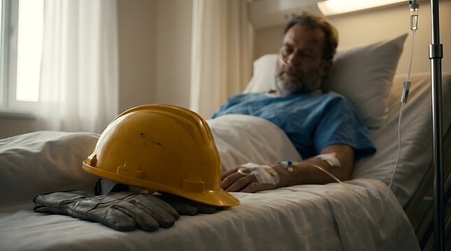 Injured construction worker with hard hat and gloves lying in hospital bed receiving medical care with IV drip.