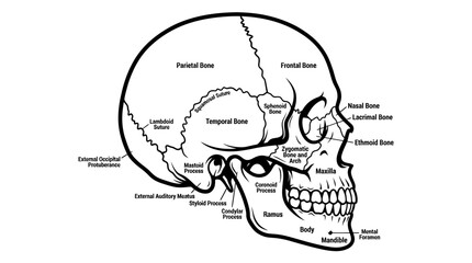 Side view profile of human skull anatomy with labeled bones © Pixel Studio