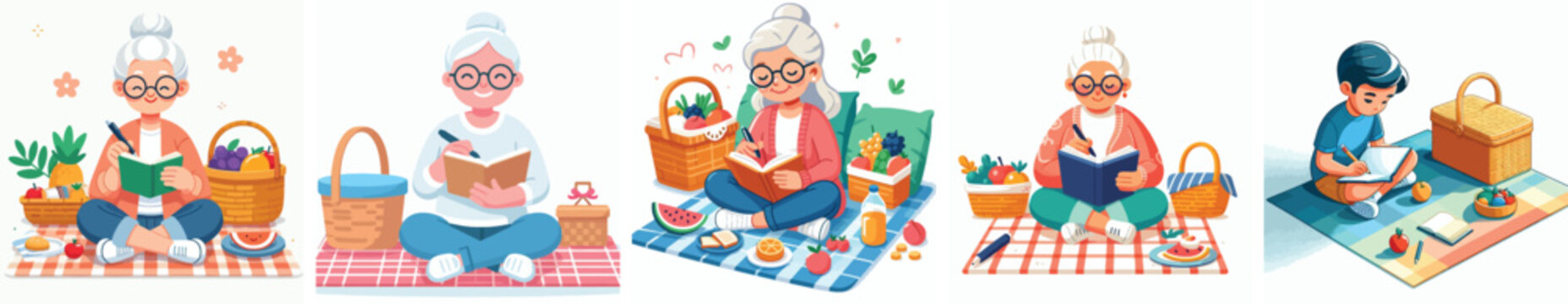 Vector of a grandmother writing in a book on a picnic mat. Vector, illustration, minimalist, flat
