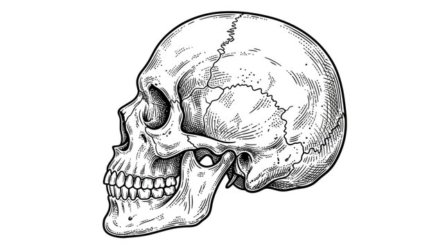 Human skull side view in vintage woodcut engraving style
