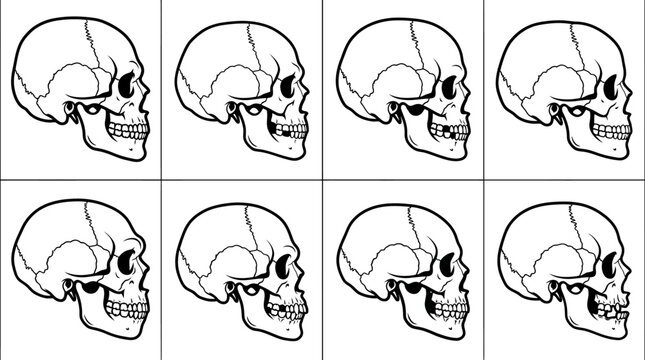 Human skull side view profile line art grid set