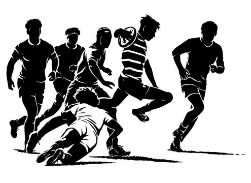 Vector silhouette of rugby players in motion, runner evading tackle with ball. Minimalist design symbolizing athleticism, teamwork, and competitive intensity.