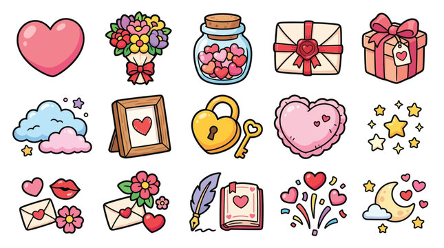 Collection of cute Valentine's Day icons and symbols including hearts, gifts, flowers, and love letters.