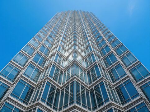 Modern skyscraper with geometric glass facade against clear blue sky high rise modern building business district modern architecture skyscraper building architecture geometric structure