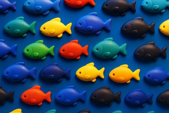 Multicolored toy fish arranged in seamless pattern on blue background with soft light and abstract playful visual style. Ai generative