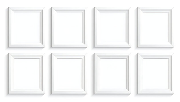 Set of eight blank white picture frames with soft drop shadows, mockup layout for photos and artwork display, interior design elements