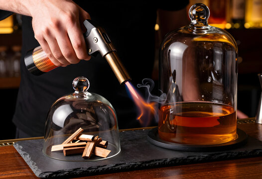A bartender's hand actively using a sleek metal butane torch to burn oak chips on a slate board under the glass edge.