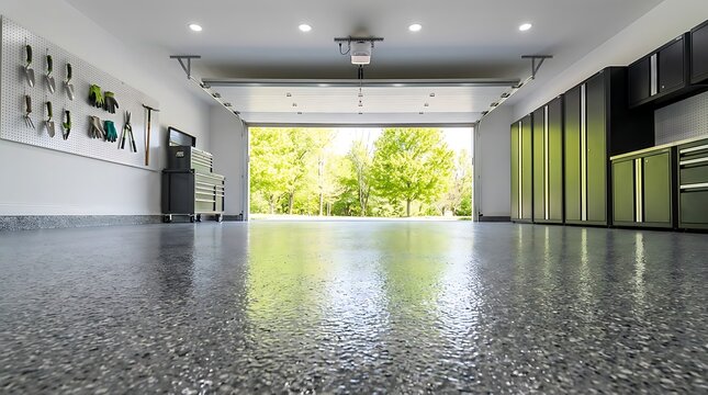 Clean and organized modern garage with epoxy flooring and open door revealing lush green trees and sunny backyard, perfect for car storage and home improvement projects.