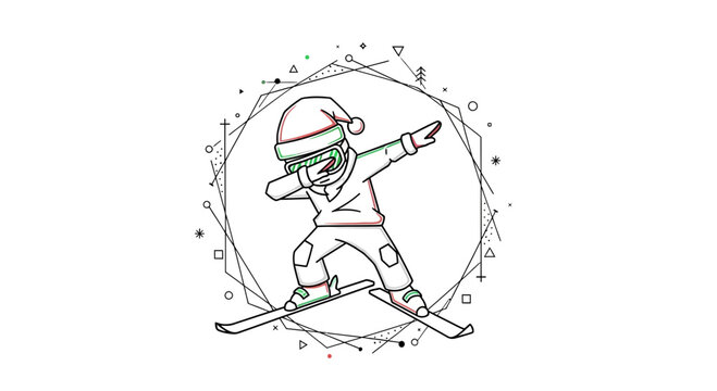 Dabbing Skier Kid in Santa Hat with Geometric Frame - Winter Fun