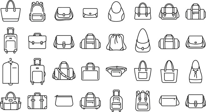 Travel bag icon set 30 minimalist illustrations of luggage handbags and backpacks