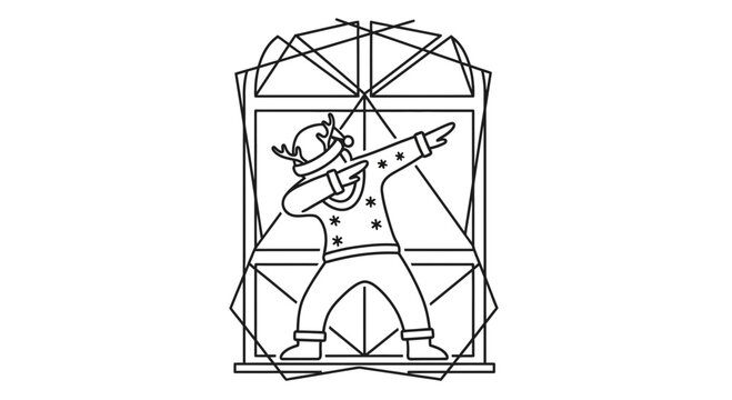 Dabbing winter kid in festive sweater and hat, cartoon outline, against geometric window frame