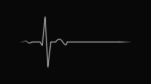 Heartbeat flatline electrocardiogram minimal white glowing vector line scrolling on clean black background 4K