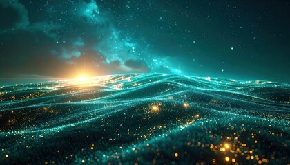 Fototapeta premium An abstract, glowing digital landscape bathed in the light of a distant sun.