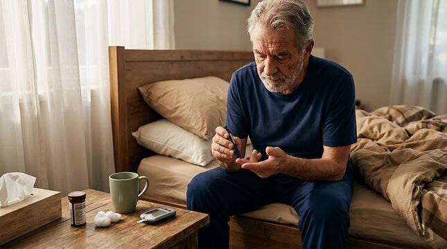 Elderly man testing blood sugar with glucose meter and lancet pen on bedside table, checking diabetes levels with medical supplies and cup of tea, bedside.