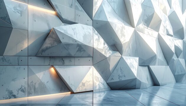 A futuristic architectural concept featuring a dynamic, faceted concrete wall with integrated LED lighting.