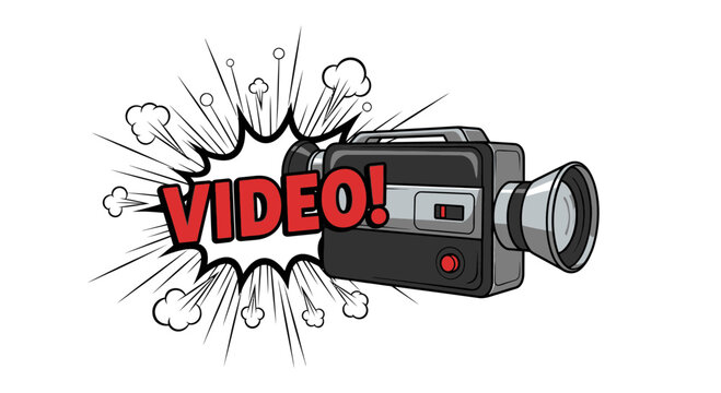 Retro Video Camera with Comic Book Style "VIDEO!" Explosion