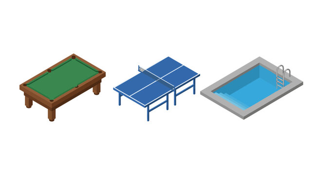 Flat lay illustration of a pool table, ping pong table, and swimming pool on a white background.