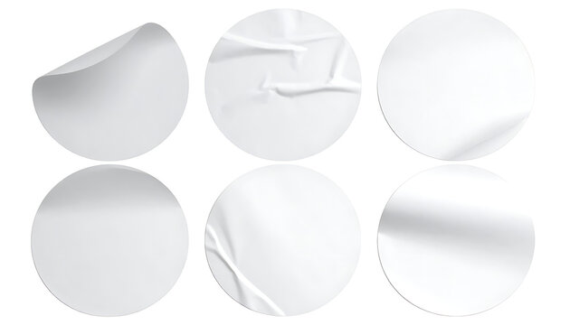Set of isolated round white sticker mockups with realistic paper wrinkles, folds and peeled edges, blank template for branding designs