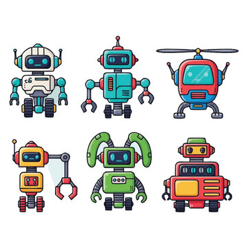 Diverse collection of whimsical cartoon robots featuring different shapes and functions each with a unique personality conveyed through colorful designs perfect for science fiction and